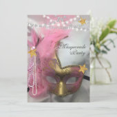 Quinceanera Maskerade Gouden Glitters Roze Parels Kaart (Staand voorkant)
