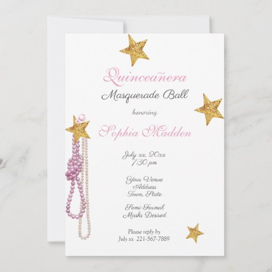 Quinceanera Maskerade Gouden Glitters Roze Parels Kaart (Achterkant)
