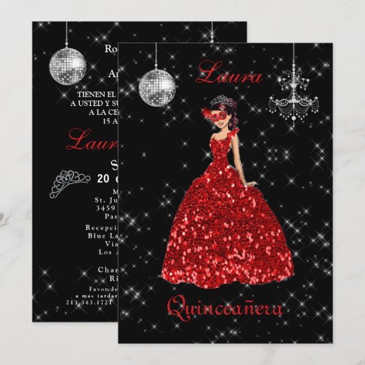 Quinceañera Maskerade Rood Zwart Zilver Spaans Kaart (Voorkant / Achterkant)