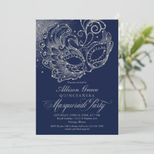 Quinceanera-maskerade-uitnodiging Navyblauw Zilver