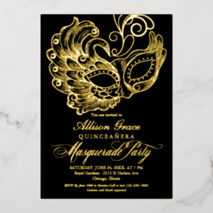 Quinceanera Masquerade Black Gold Folie Uitnodiging