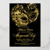 Quinceanera Masquerade Black Gold Folie Uitnodiging (Voorkant)