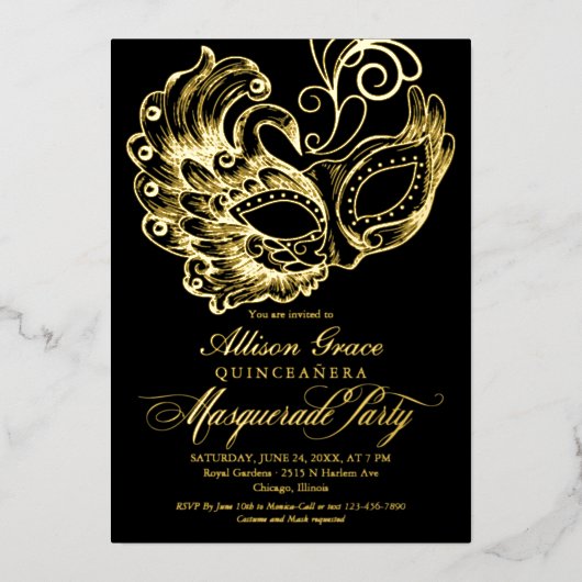 Quinceanera Masquerade Black Gold Folie Uitnodiging (Voorkant)