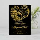 Quinceanera Masquerade Black Gold Folie Uitnodiging (Staand Voorkant)