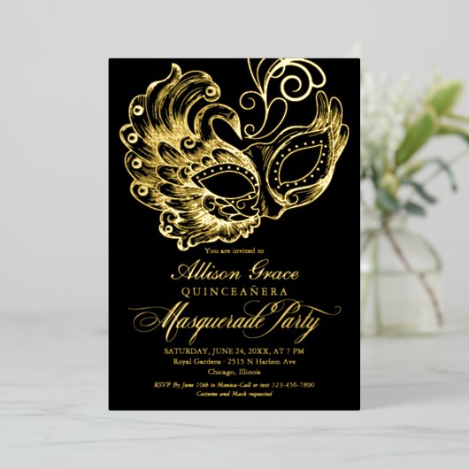 Quinceanera Masquerade Black Gold Folie Uitnodiging (Staand Voorkant)