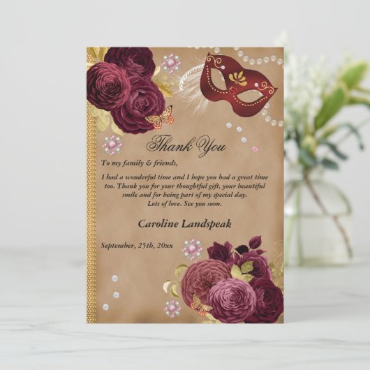 Quinceañera Masquerade, Foto & Rode Engelse Rozen Bedankkaart (Staand voorkant)