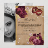 Quinceañera Masquerade, Foto & Rode Engelse Rozen Bedankkaart (Voorkant / Achterkant)