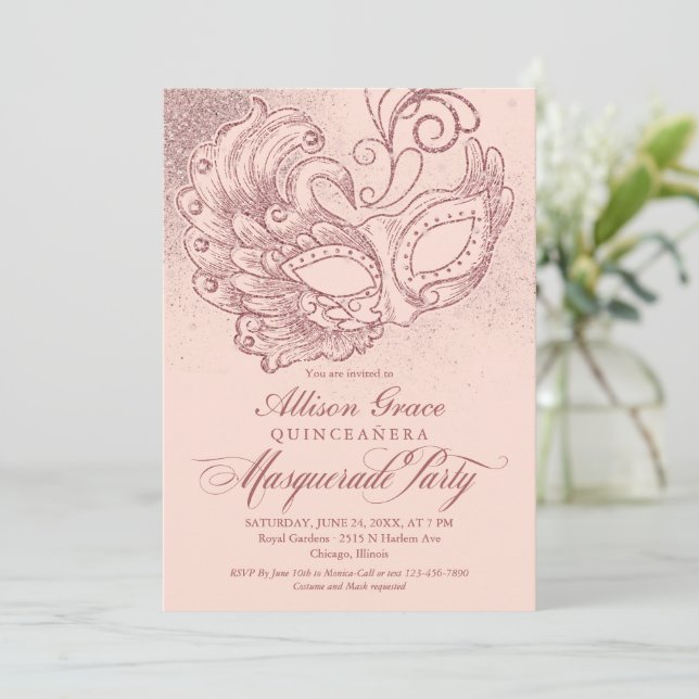 Quinceanera Masquerade Invitation roze Rose Gold (Staand voorkant)