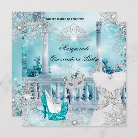 Quinceanera Masquerade Magical Princess Blue 3 Kaart (Voorkant / Achterkant)
