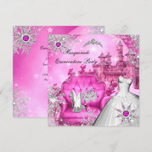 Quinceanera Masquerade Magical Princess Hot Pink Kaart (Voorkant / Achterkant)