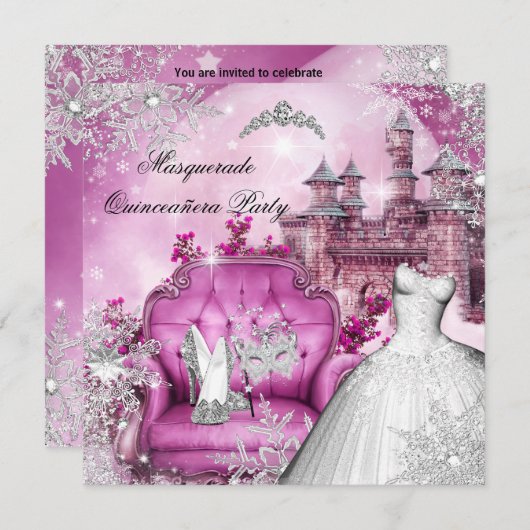 Quinceanera Masquerade Magical Princess Pink Kaart (Voorkant / Achterkant)