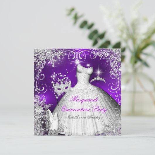 Quinceanera Masquerade Paarse White Snowflakes 2 Kaart (Staand voorkant)