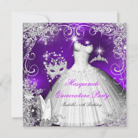 Quinceanera Masquerade Paarse White Snowflakes 2 Kaart (Voorkant)