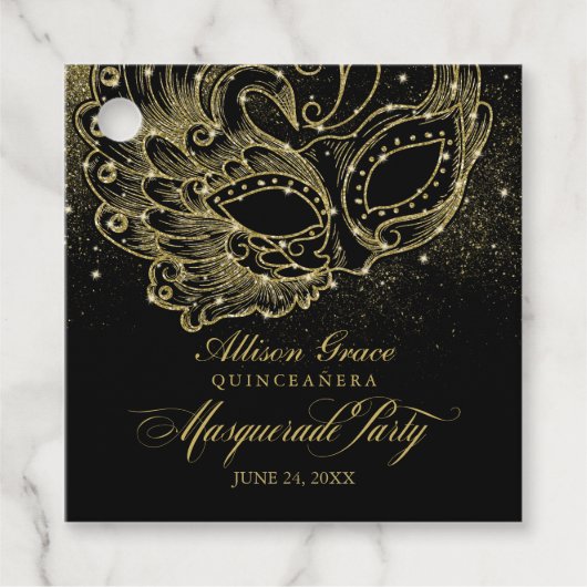 Quinceanera Masquerade Party Goud Zwart Bedankjes Labels (Voorkant)