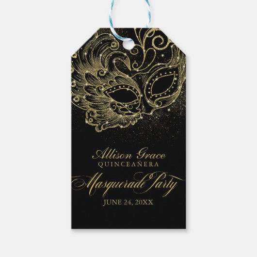 Quinceanera Masquerade Party Goud Zwart Cadeaulabel (Voorkant)