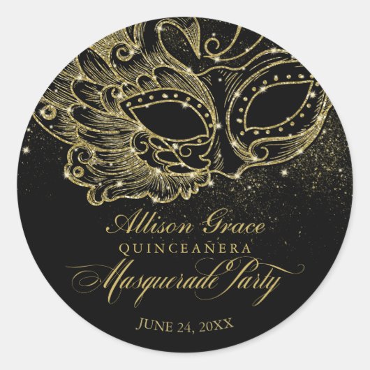 Quinceanera Masquerade Party Goud Zwart Ronde Sticker (Voorkant)