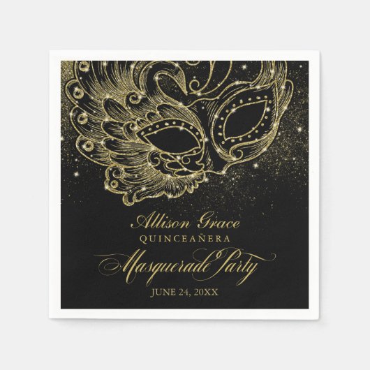 Quinceanera Masquerade Party Goud Zwart Servet (Voorkant)
