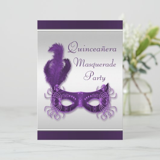 Quinceañera Masquerade Party in Paars en zilver Kaart (Staand voorkant)