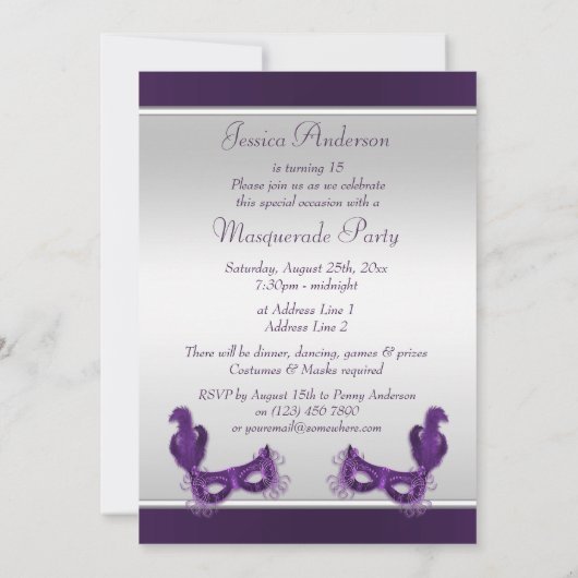 Quinceañera Masquerade Party in Paars en zilver Kaart (Achterkant)