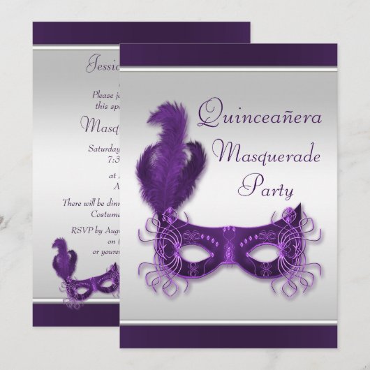 Quinceañera Masquerade Party in Paars en zilver Kaart (Voorkant / Achterkant)