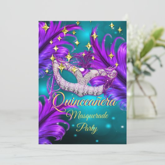 Quinceanera Masquerade party maskeer Blauwgroen Pa Kaart (Staand voorkant)