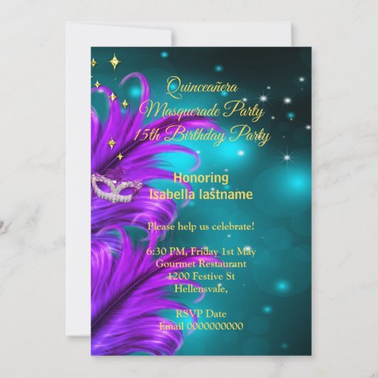 Quinceanera Masquerade party maskeer Blauwgroen Pa Kaart (Achterkant)