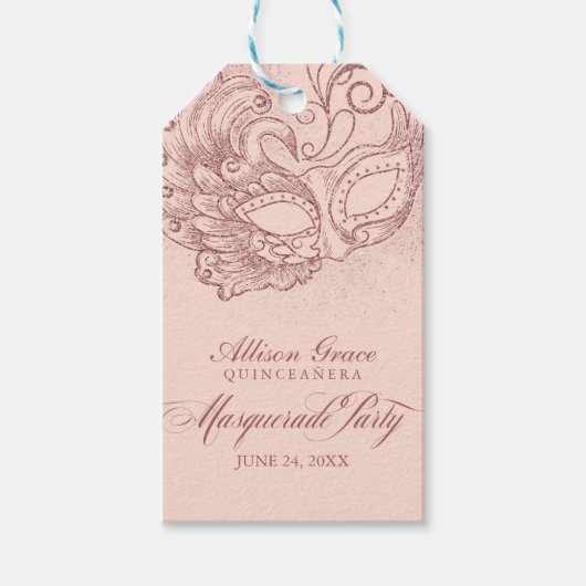 Quinceanera Masquerade Party Roos Goud Roze Cadeaulabel (Voorkant)