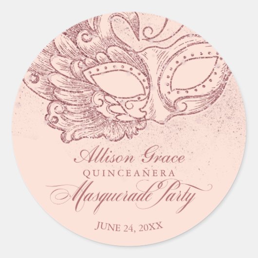 Quinceanera Masquerade Party Roos Goud Roze Ronde Sticker (Voorkant)