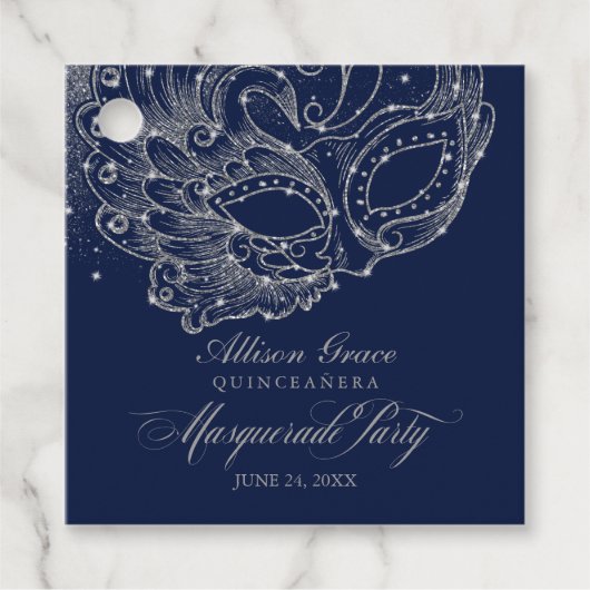 Quinceanera Masquerade Party Zilver Blauw Bedankjes Labels (Voorkant)