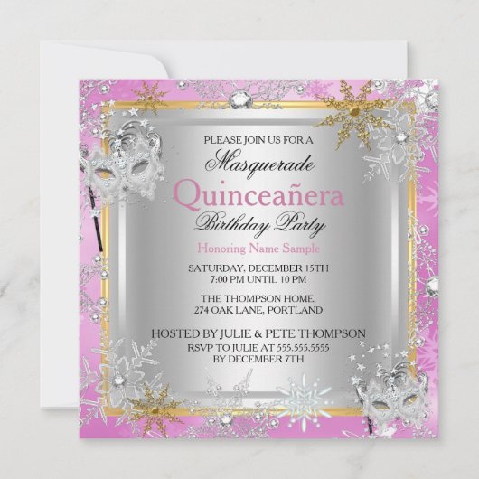 Quinceanera Masquerade Pink Gold Snowflakes Silver Kaart (Voorkant)