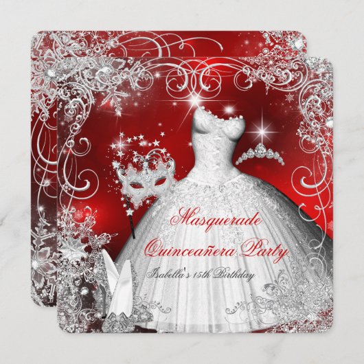 Quinceanera Masquerade Red White Snowflakes 2 Kaart (Voorkant / Achterkant)