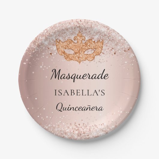 Quinceanera masquerade roos gold glitter party papieren bordje (Voorkant)