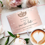 Quinceanera masquerade roos gold mask save the date<br><div class="desc">A Save the Date Card for a Quinceañera, 15th jarig masquerade party. Een gouden metalen achtergrond van roos, versierd met faux zilveren glitterstof en een maskerade masker. Pas een datum en een naam/leeftijd aan en voeg deze toe. De tekst: Sparen de Datum wordt geschreven met een groot trendy hand lettered...</div>