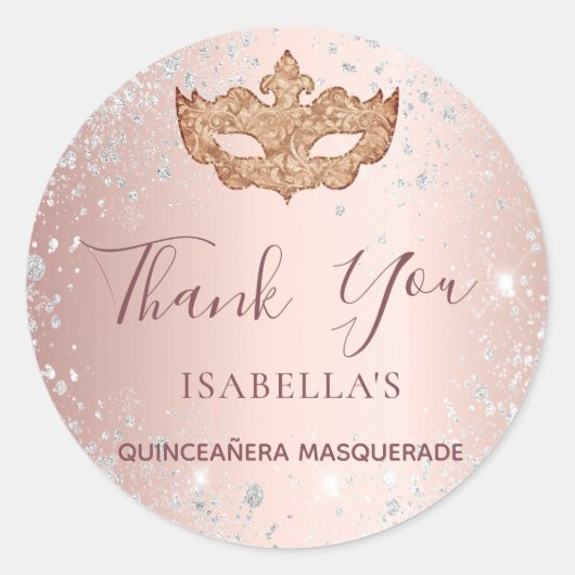 Quinceanera masquerade roos goudzilver Bedankt Ronde Sticker (Voorkant)