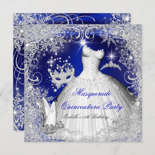 Quinceanera Masquerade Royal Blue Snowflakes Kaart (Voorkant / Achterkant)