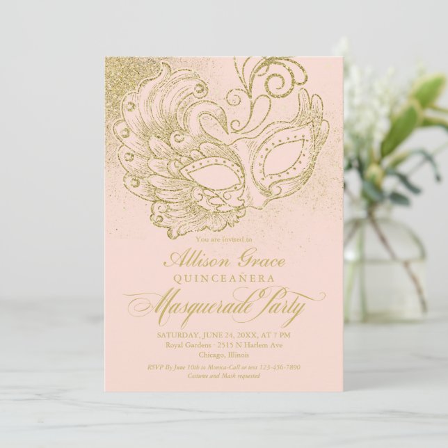 Quinceanera Masquerade Uitnodiging Roze Goud  (Staand voorkant)
