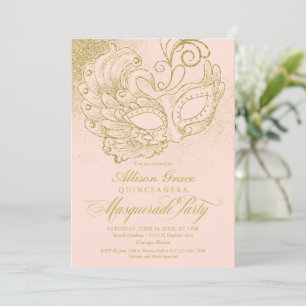 Quinceanera Masquerade Uitnodiging Roze Goud