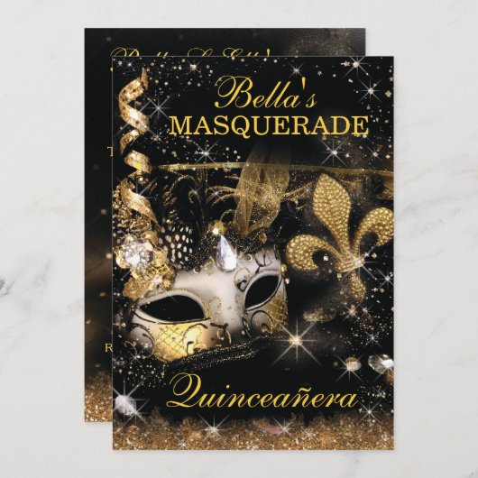 Quinceanera Masquerade Verjaardagsfeestuitnodiging Kaart (Voorkant / Achterkant)