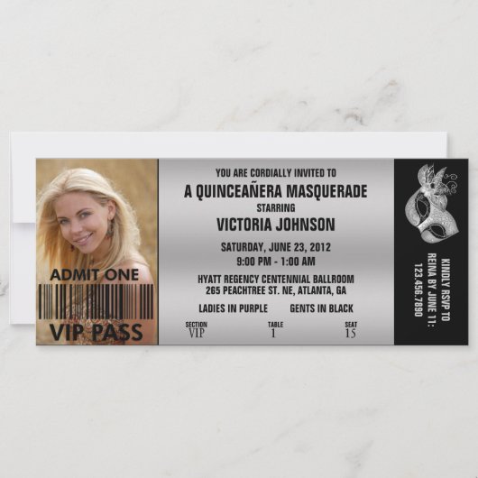 Quinceañera Masquerade VIP Admission Ticket Kaart (Voorkant)