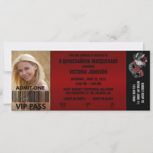 Quinceañera Masquerade VIP Admission Ticket Kaart (Voorkant)