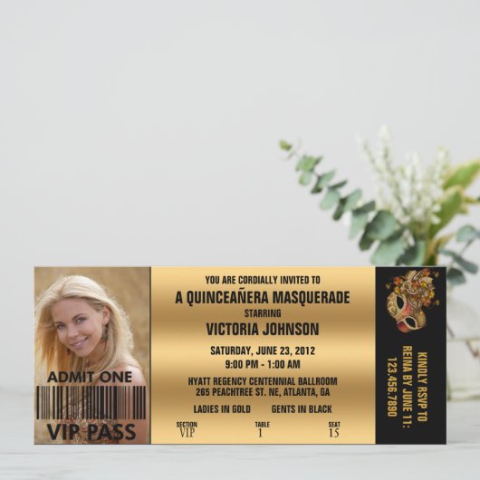 Quinceañera Masquerade VIP Admission Ticket Kaart (Staand voorkant)