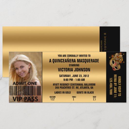 Quinceañera Masquerade VIP Admission Ticket Kaart (Voorkant / Achterkant)