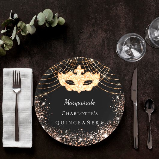 Quinceanera Masquerade zwart goud glitter Papieren Bordje