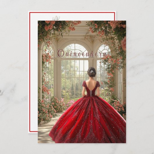 Quinceanera meisje draagt rode jurk in Atrium Kaart (Voorkant / Achterkant)