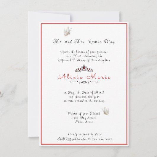 Quinceanera meisje draagt rode jurk in Atrium Kaart (Achterkant)