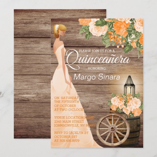 Quinceañera Meisje - Hout Vat & Sinaasappel Bloeme Kaart (Voorkant / Achterkant)
