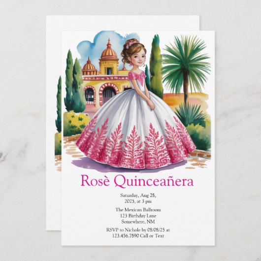 Quinceañera Meisje in roze en witte jurk Kaart (Voorkant / Achterkant)