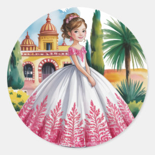 Quinceañera Meisje in roze en witte jurk Ronde Sticker