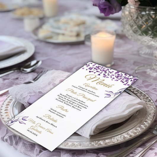 Quinceañera Menú de cena de follaje morado español Menu