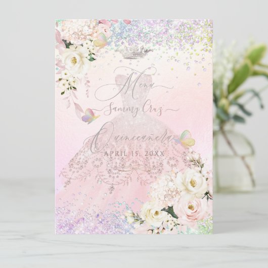 Quinceanera Menu Holographic Mariposa Blush Pink Kaart (Staand voorkant)